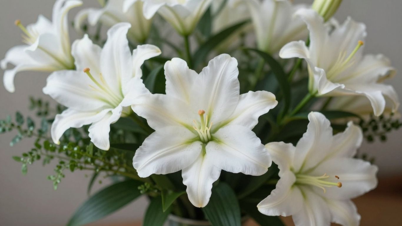 Elegant sympathy flower arrangement with lilies and greenery.