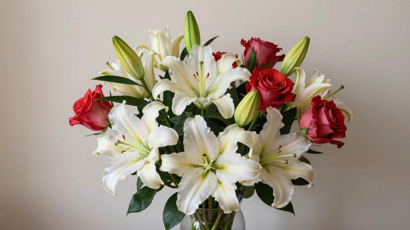Beautiful floral arrangement with roses, lilies, and tulips.