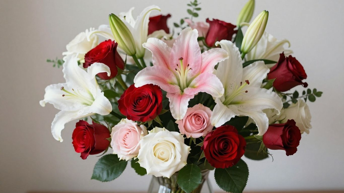 Beautiful flower arrangement with roses and lilies.