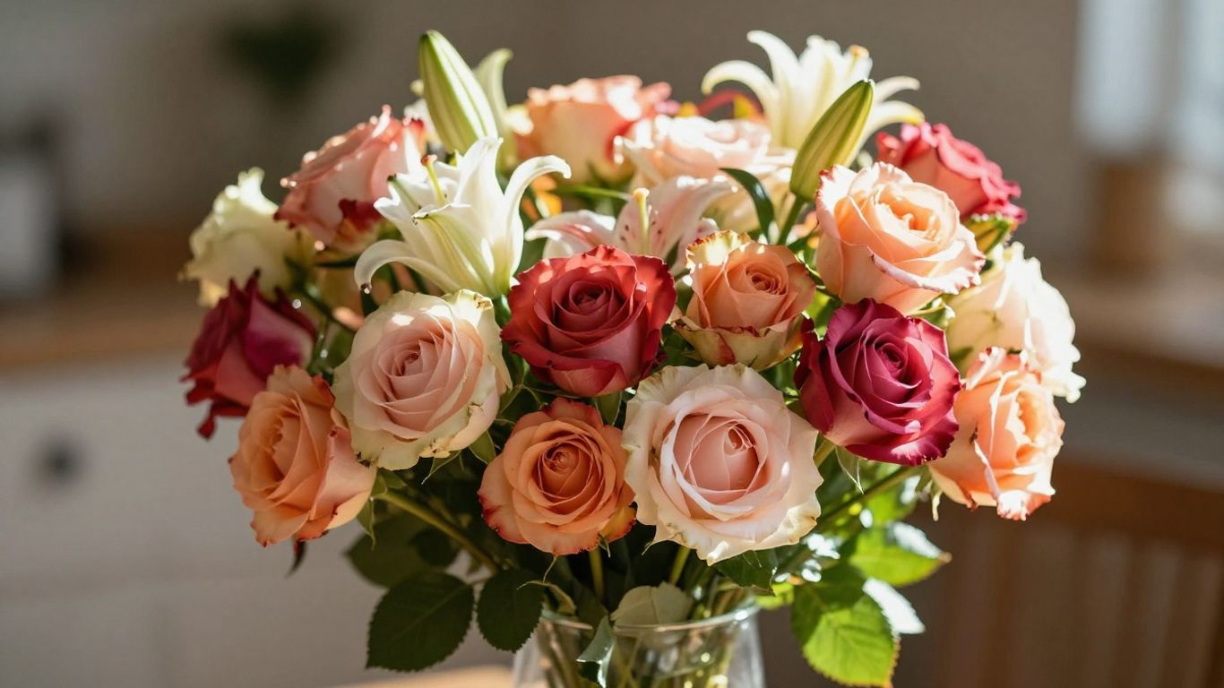 Beautiful fresh flowers in a vase, ready for delivery.