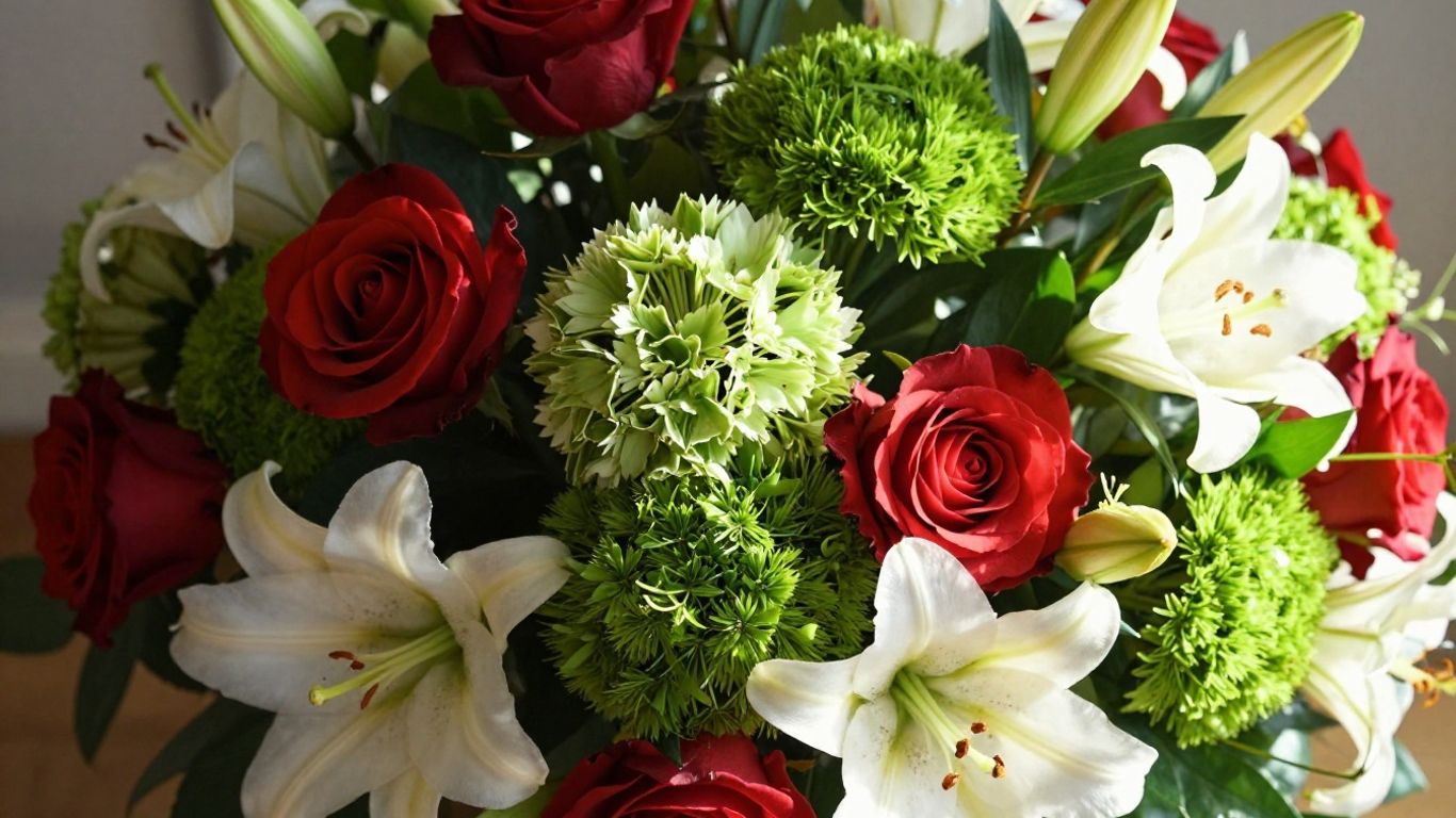 Beautiful floral arrangement with roses and lilies.