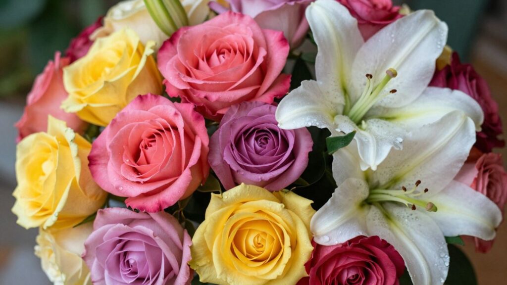Fresh flower bouquet with roses and lilies.