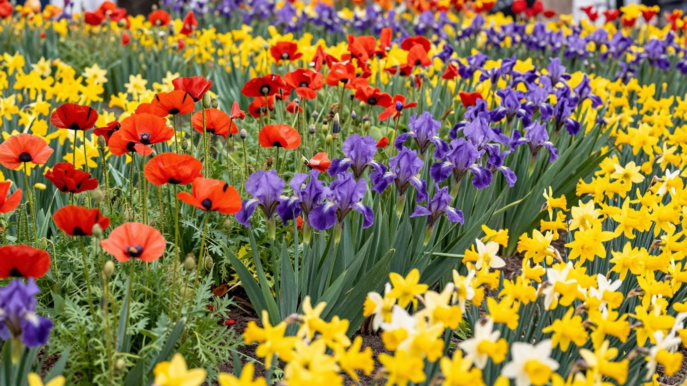 Vibrant seasonal flowers in Altona: poppies, irises, daffodils.