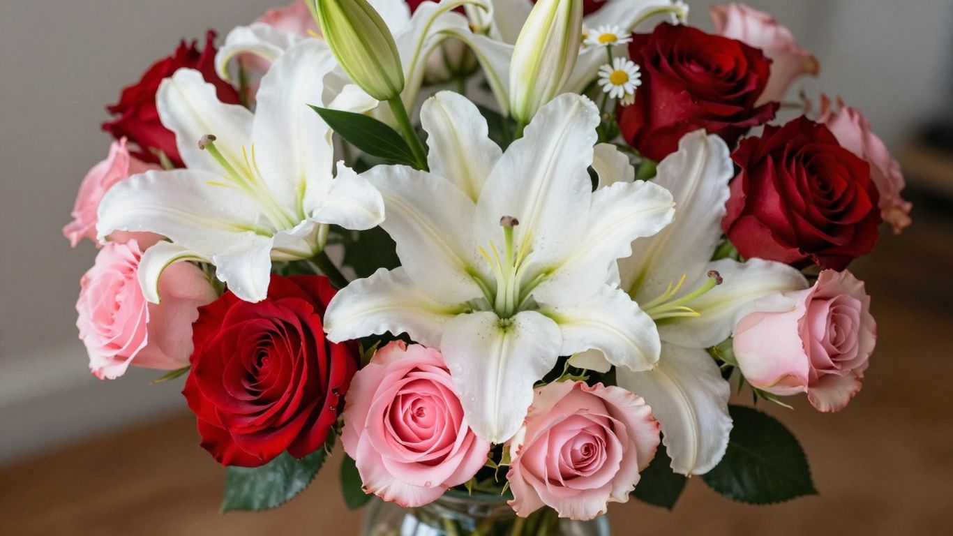 Fresh flower bouquet with roses, lilies, and daisies.