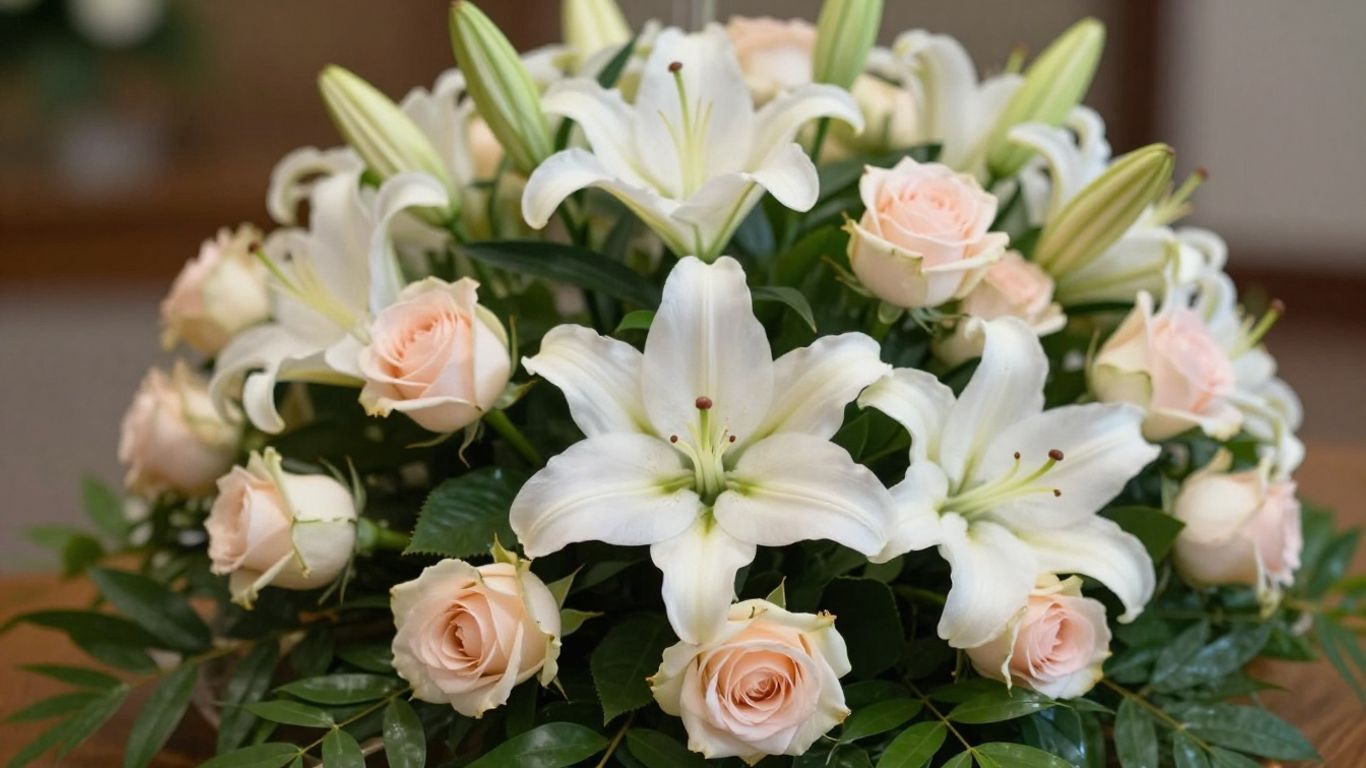 Funeral flower arrangement with roses and lilies.