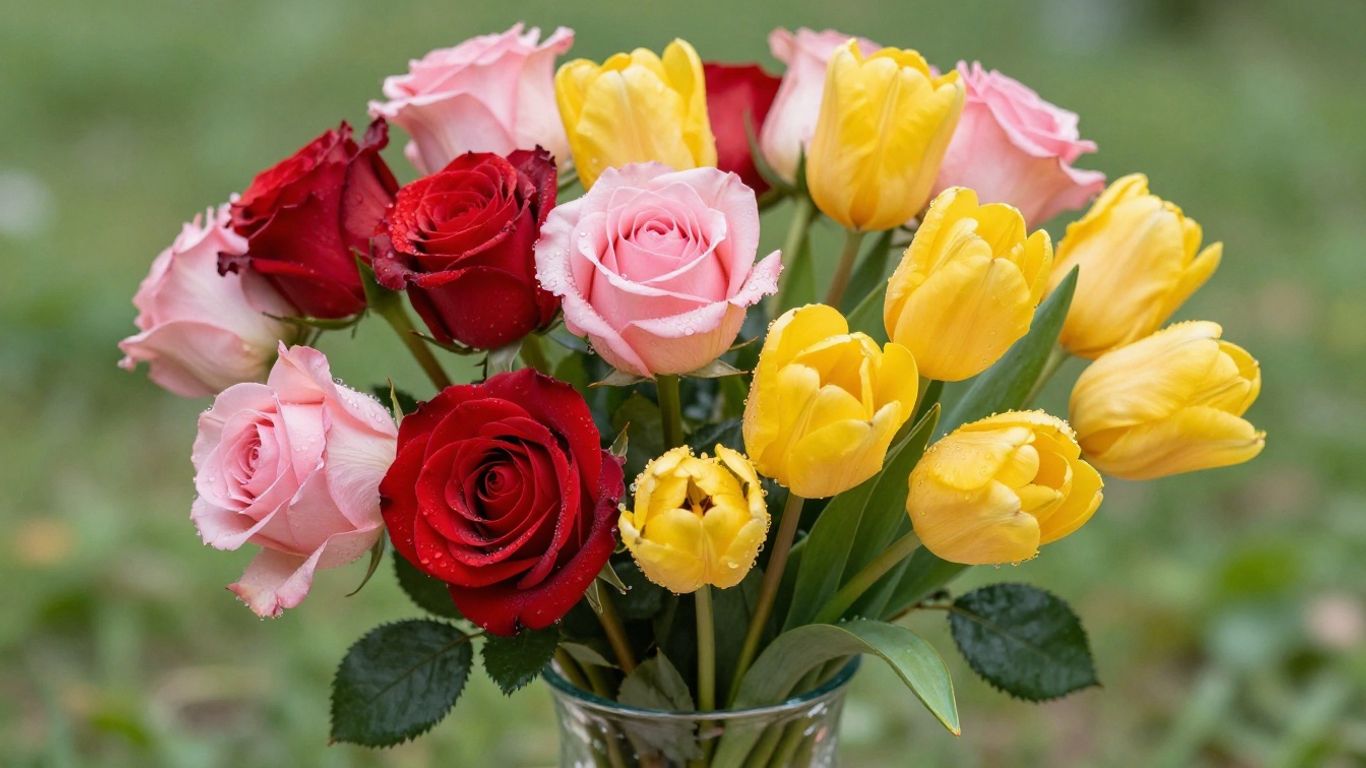 Fresh flower bouquet with roses, lilies, and tulips.