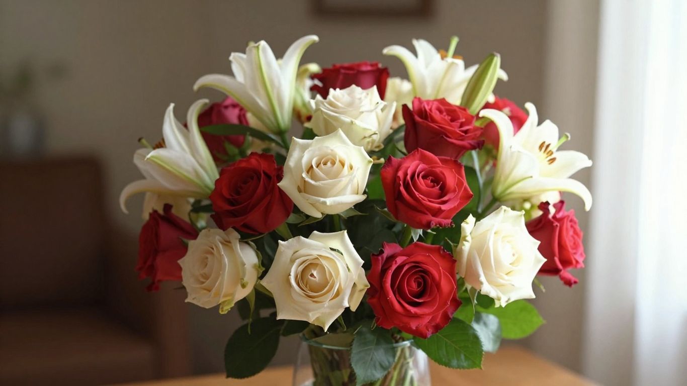 Anniversary flower bouquet with roses and lilies.